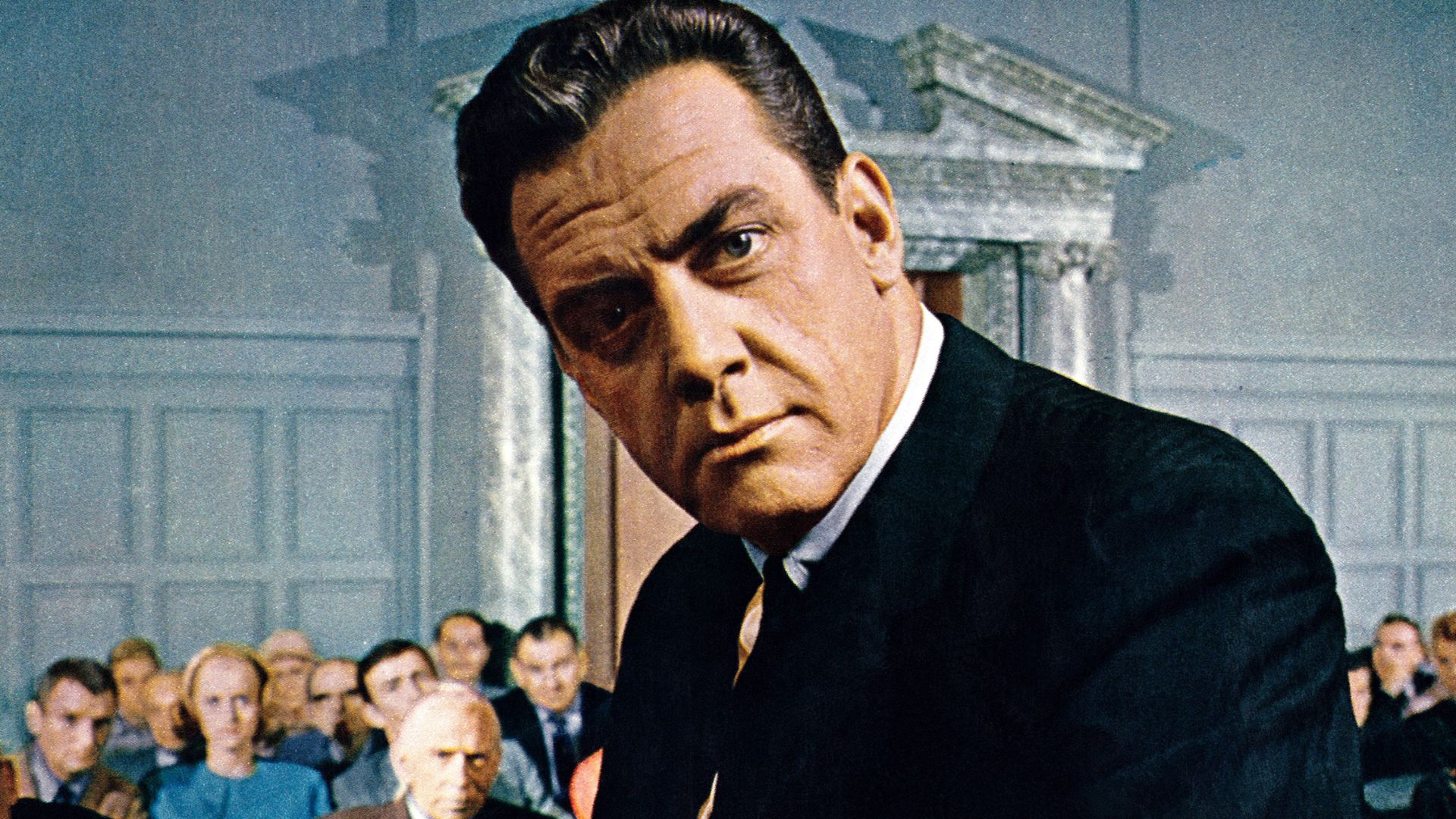 Photograph of Raymond Burr and other cast members on the set of the CBS-TV series Perry Mason, from the front cover of Look magazine