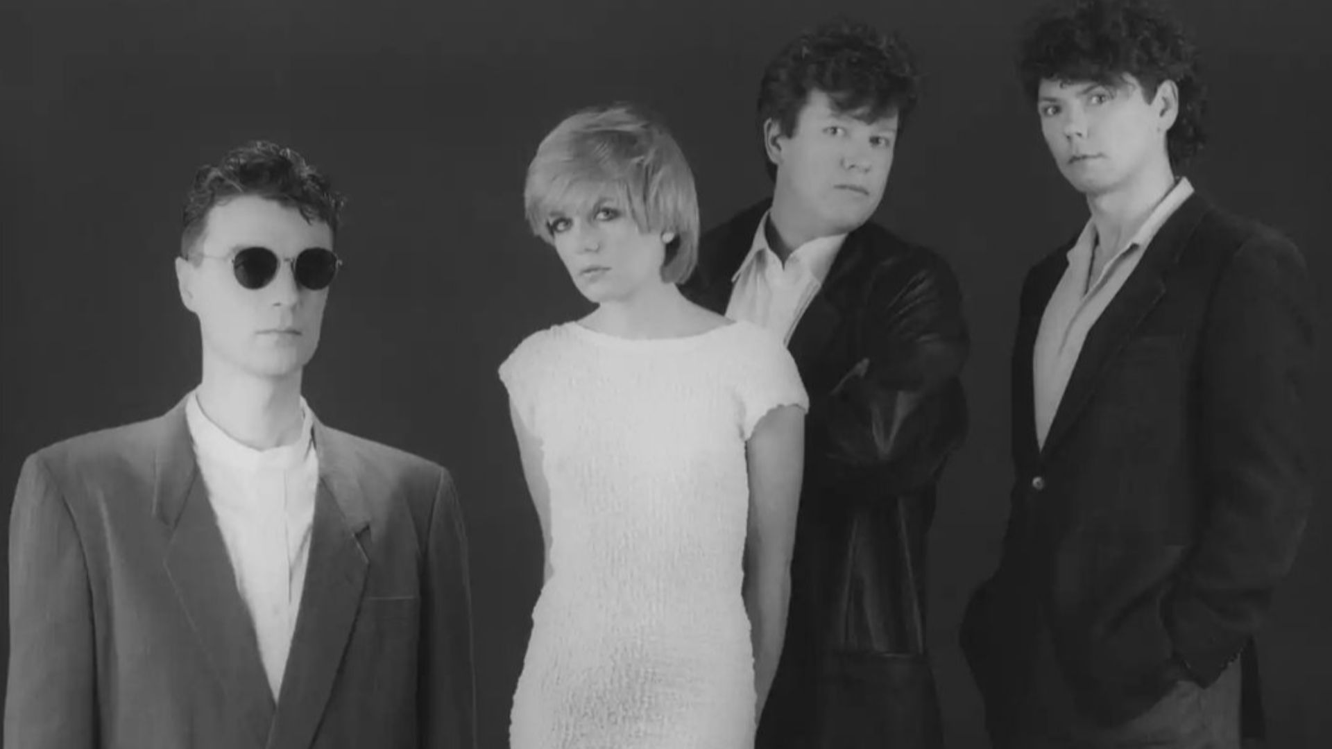 Musical group Talking Heads in a 1985 publicity photo. L-R; David Byrne, Tina Weymouth, Chris Frantz, and Jerry Harrison.