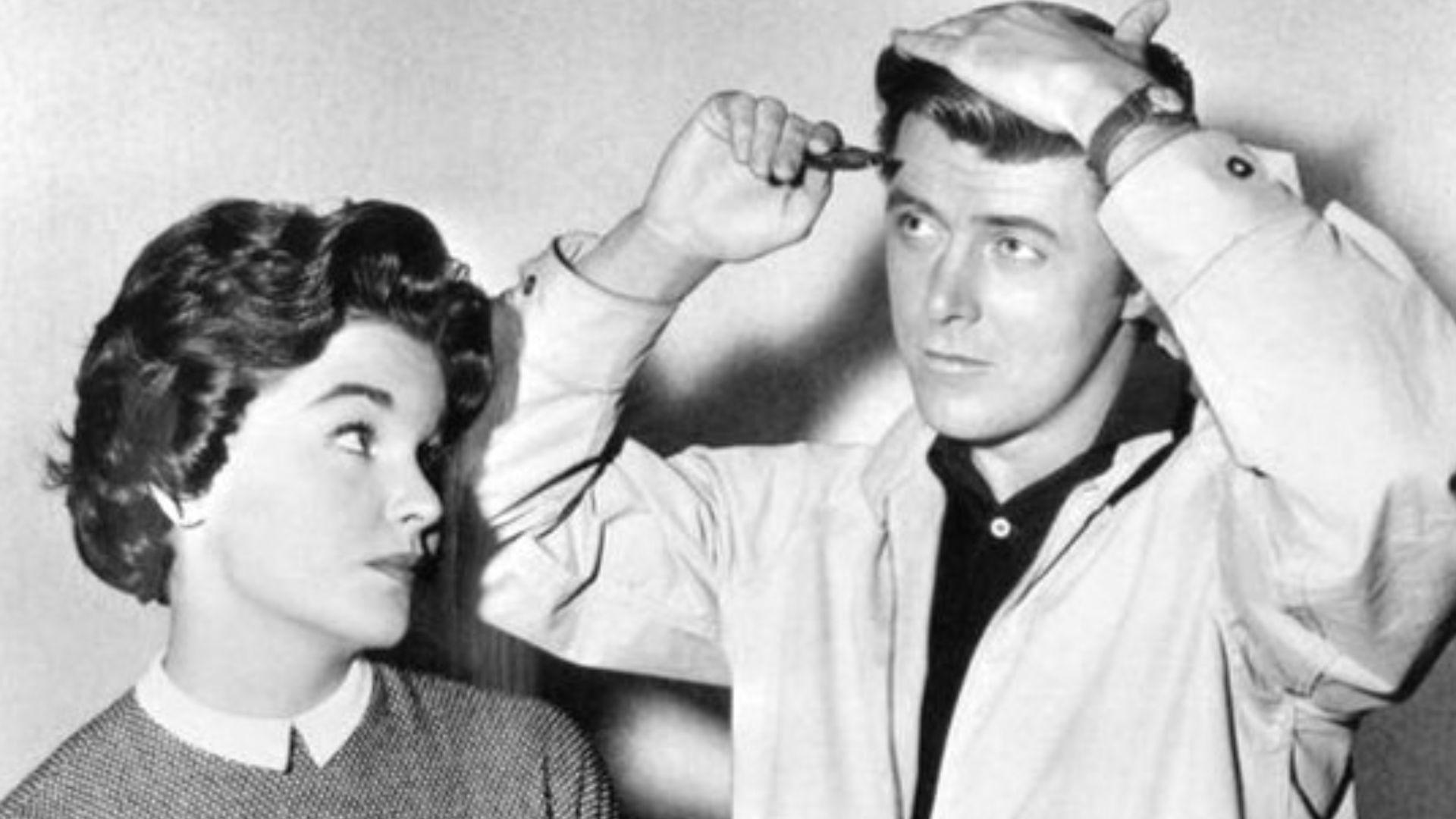 Photo of Edd Byrnes as Kookie and Sue Randall from the television program 77 Sunset Strip.