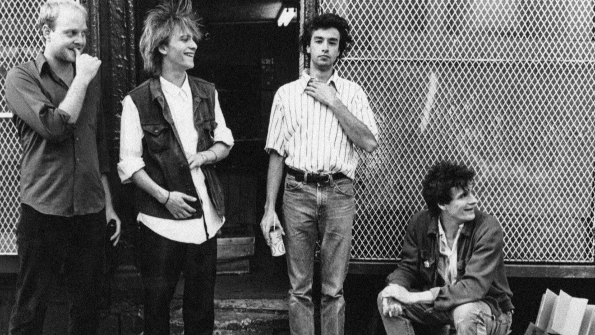 American rock band The Replacements in a 1984 publicity photo taken by Laura Levine. Left to right: Bob Stinson (lead guitar), Tommy Stinson (bass guitar), Chris Mars (drums), and Paul Westerberg (vocals & guitar).