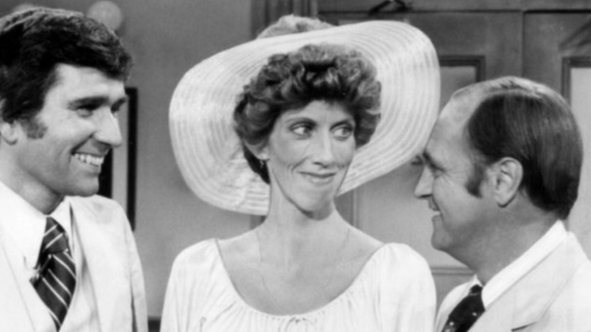 Publicity photo from the television program The Bob Newhart Show.  In this episode, Carol (Marcia Wallace) marries Larry Bondurant (Will MacKenzie). Also pictured is Bob Hartley (Bob Newhart).