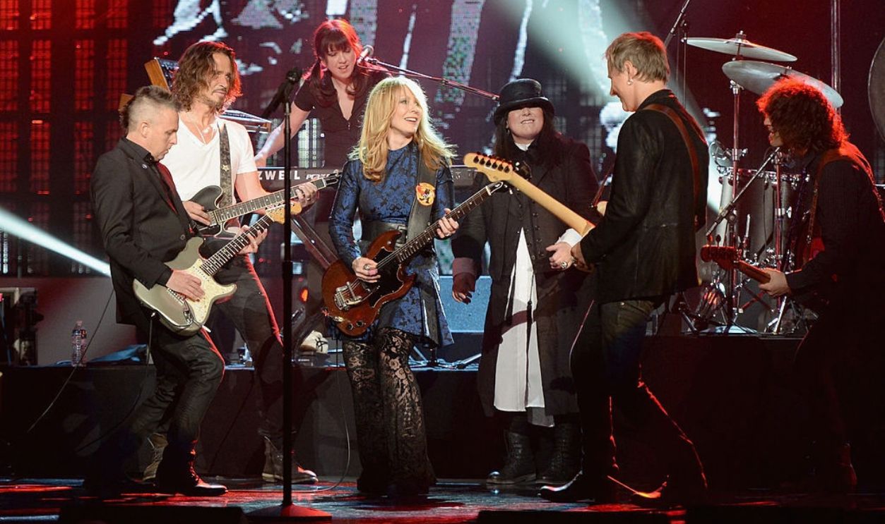 LOS ANGELES, CA - APRIL 18: (L-R) Musician Mike McCready, musician Chris Cornell, keyboardist Debby Shair, inductee Nancy Wilson, inducteee Ann Wilson and musician Jerry Cantreell perform onstage during the 28th Annual Rock and Roll Hall of Fame Induction Ceremony at Nokia Theatre L.A. Live on April 18, 2013 in Los Angeles, California.