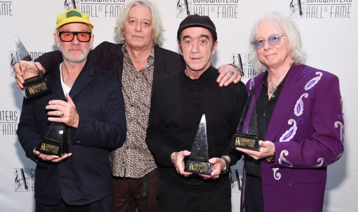 NEW YORK, NEW YORK - JUNE 13: (L-R) (L-R) Michael Stipe, Peter Buck, Bill Berry and Mike Mills, of R.E.M., attend the 2024 Songwriters Hall of Fame Induction and Awards Gala at New York Marriott Marquis Hotel on June 13, 2024 in New York City.
