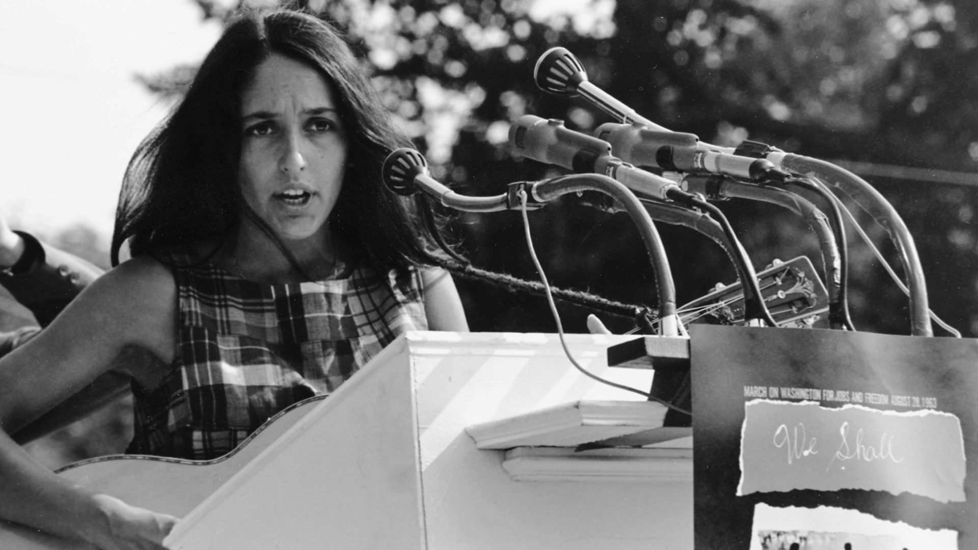 Civil Rights March on Washington, D.C. [Entertainment: Vocalist Joan Baez. A sign hanging near the microphones reads