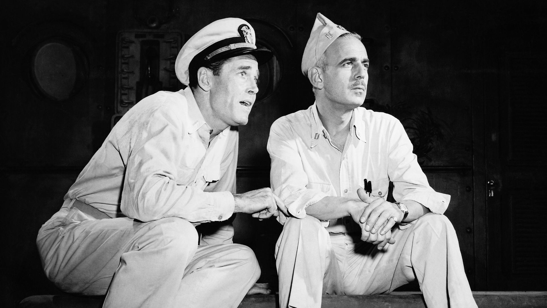 Promotional photograph of Henry Fonda and Paul Stewart in a scene from the Broadway production of Mister Roberts at the Alvin Theatre, New York