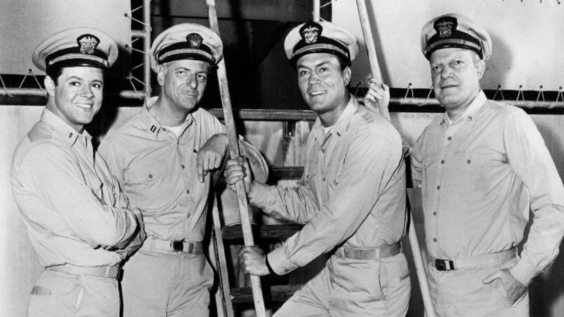 Cast photo from the television program Mister Roberts.  From left-Steve Harmon, George Ives, Roger Smith, and Richard X. Slattery.