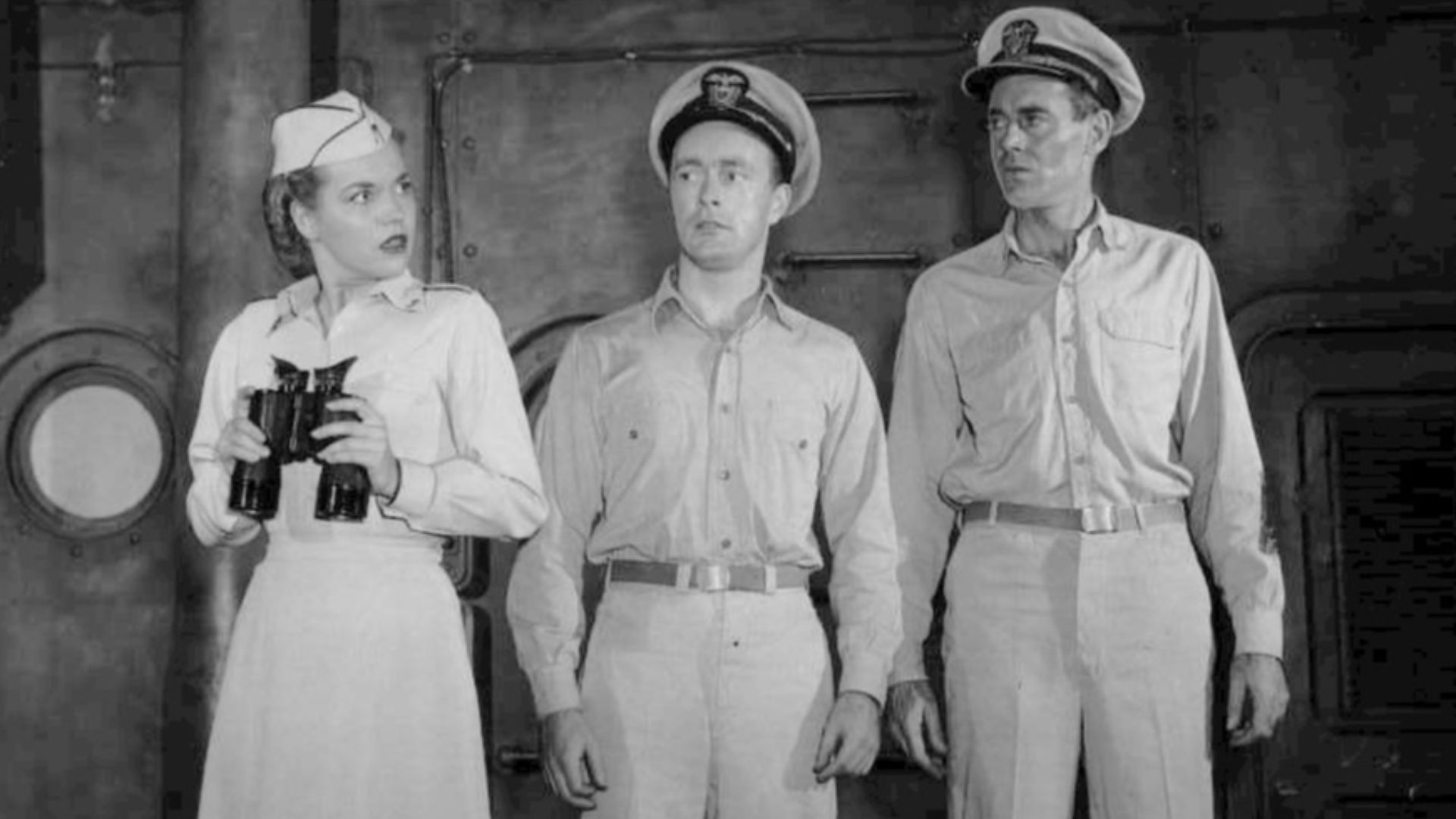 Photo of Patricia Ferris, Don Fellows (as Ensign Pulver) and Henry Fonda (right-as Mister Roberts) from the Broadway presentation of Mister Roberts.