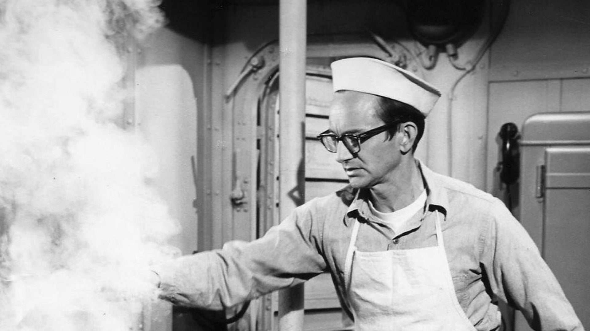 Photo of Wally Cox as a guest star on Mister Roberts.  Cox played a cook newly assigned to the ship who had no cooking ability whatsoever.