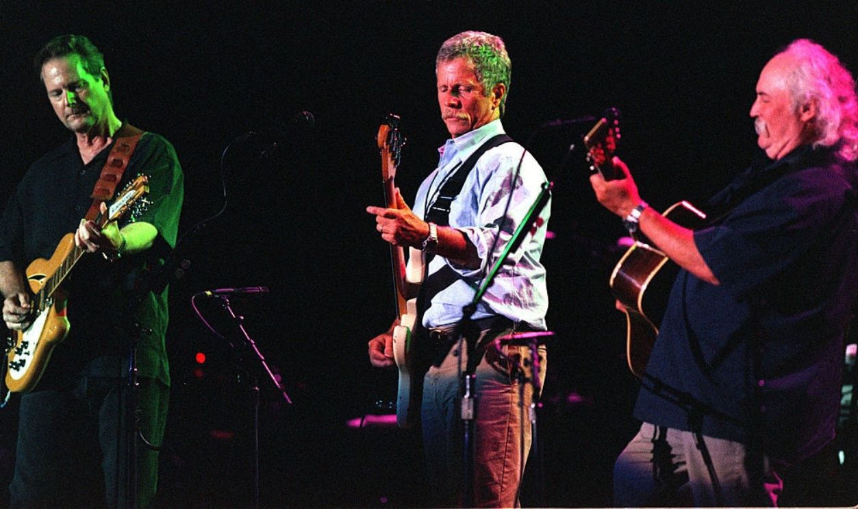 Benefit concert at the Santa Monica Civic Auditorium, August 8, 2000. Photo lr members of the Byrds are Roger McGinn, Chris Hillman and David Crosby performing the classic song