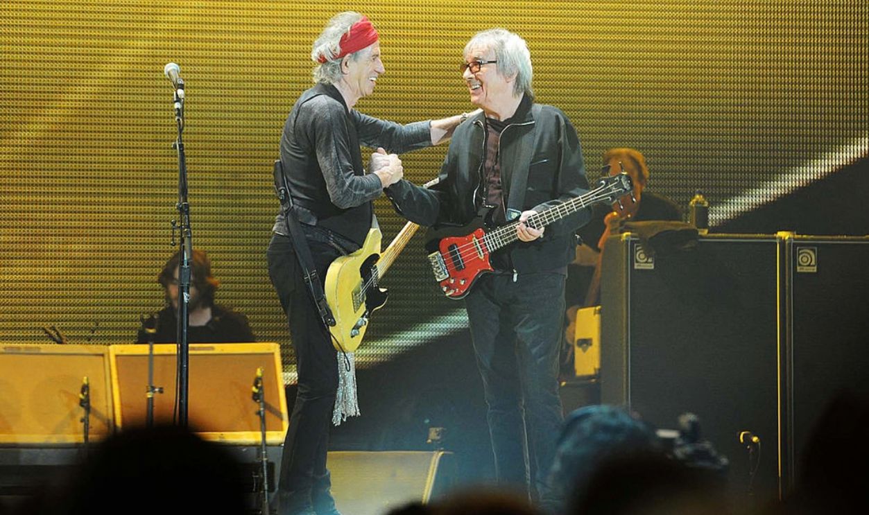 LONDON, ENGLAND - NOVEMBER 25: (EXCLUSIVE COVERAGE) (L-R) Keith Richards and Bill Wyman of the Rolling Stones perform at 02 Arena on November 25, 2012 in London, England.