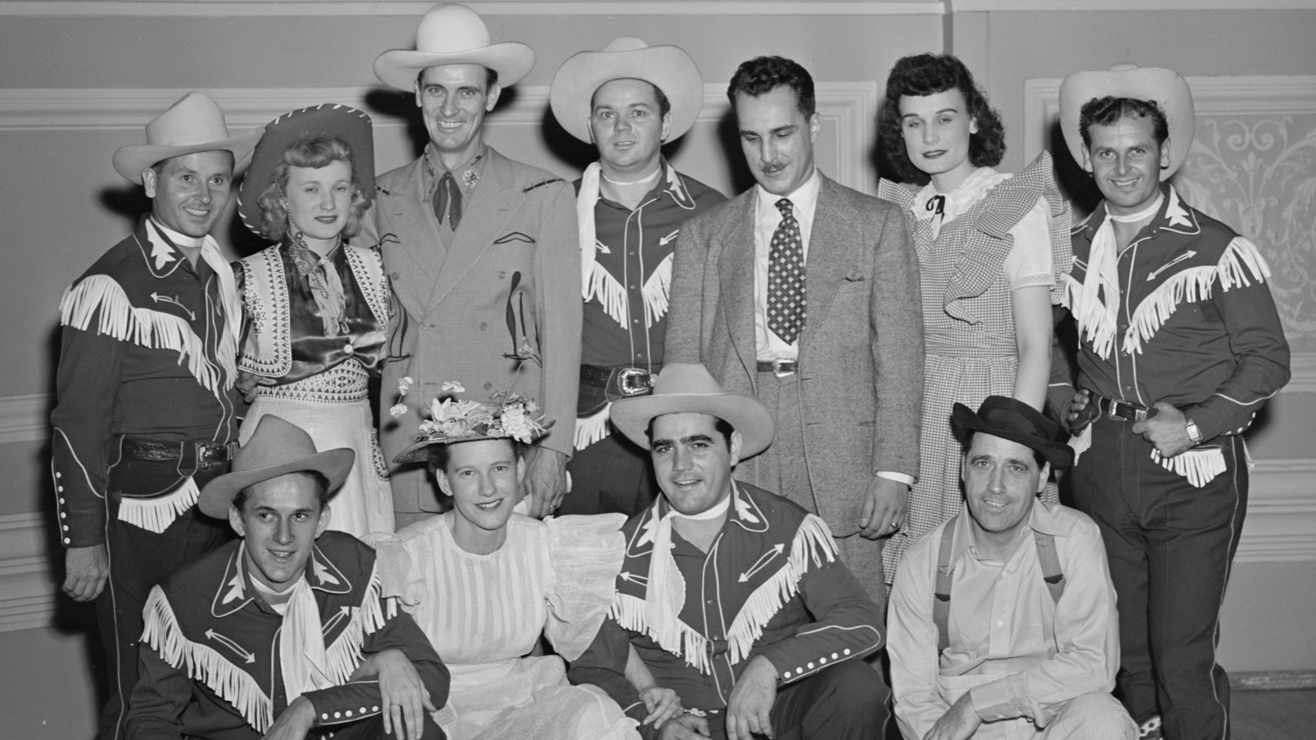 Portrait of Shorty Warren, Rosalie Allen, Ernest Tubb, Cy Sweat, Dave Miller, Radio Dot, Smokey Warren, Dick Richards, Minnie Pearl, Bob McCoy, and Smokey Swan, Carnegie Hall, New York, N.Y., Sept. 18-19, 1947