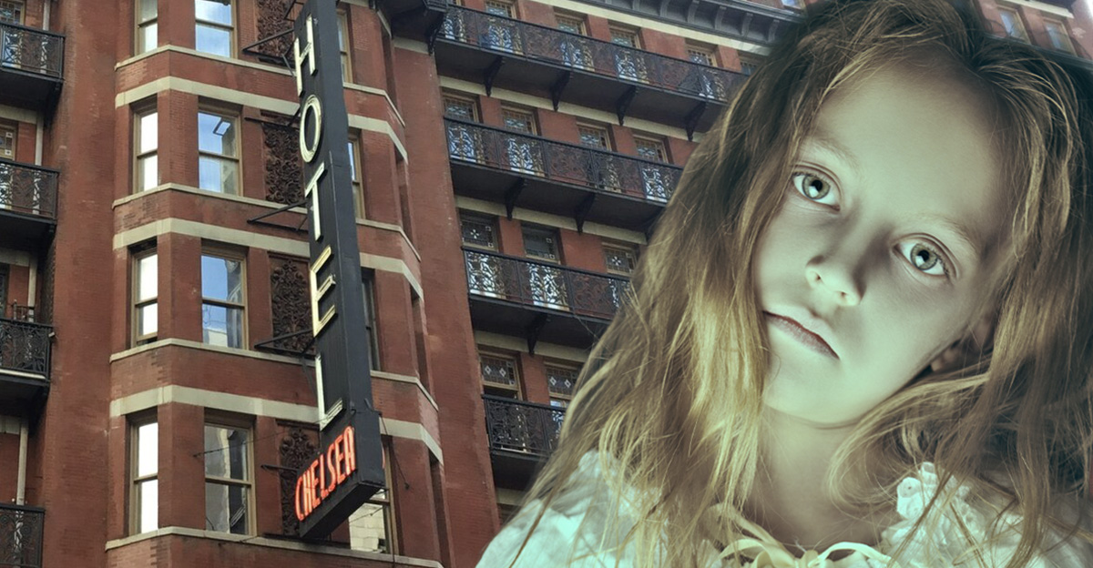 Image of a ghostly girl overlayed on an image of the Hotel Chelsea. 