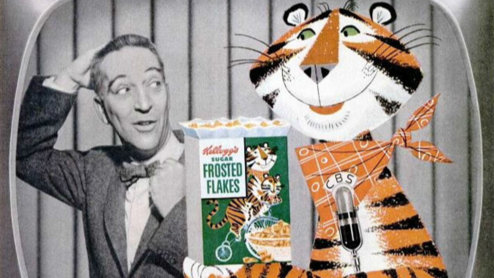 Cartoon character Tony the Tiger with a TV personality in a 1955 print advertisement for Kellogg's cereal.