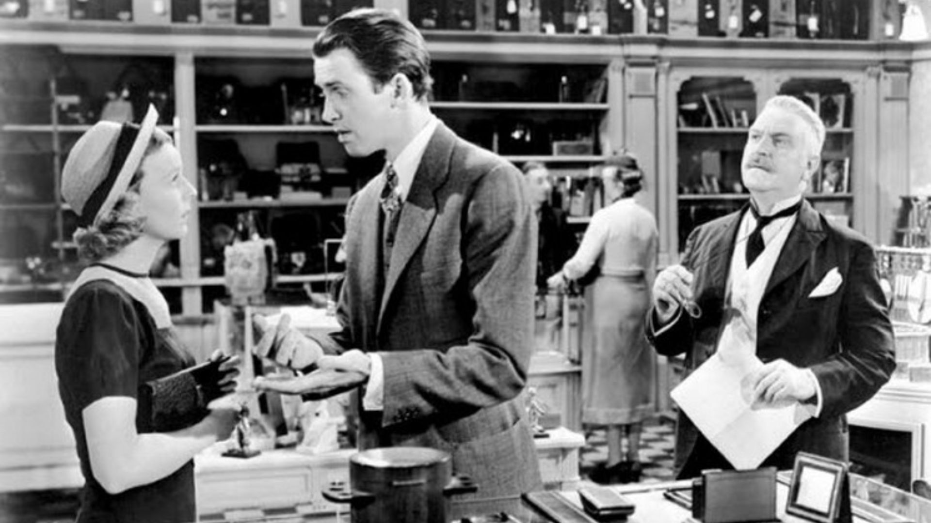 Promotional still from the 1940 film The Shop Around the Corner, published in National Board of Review Magazine