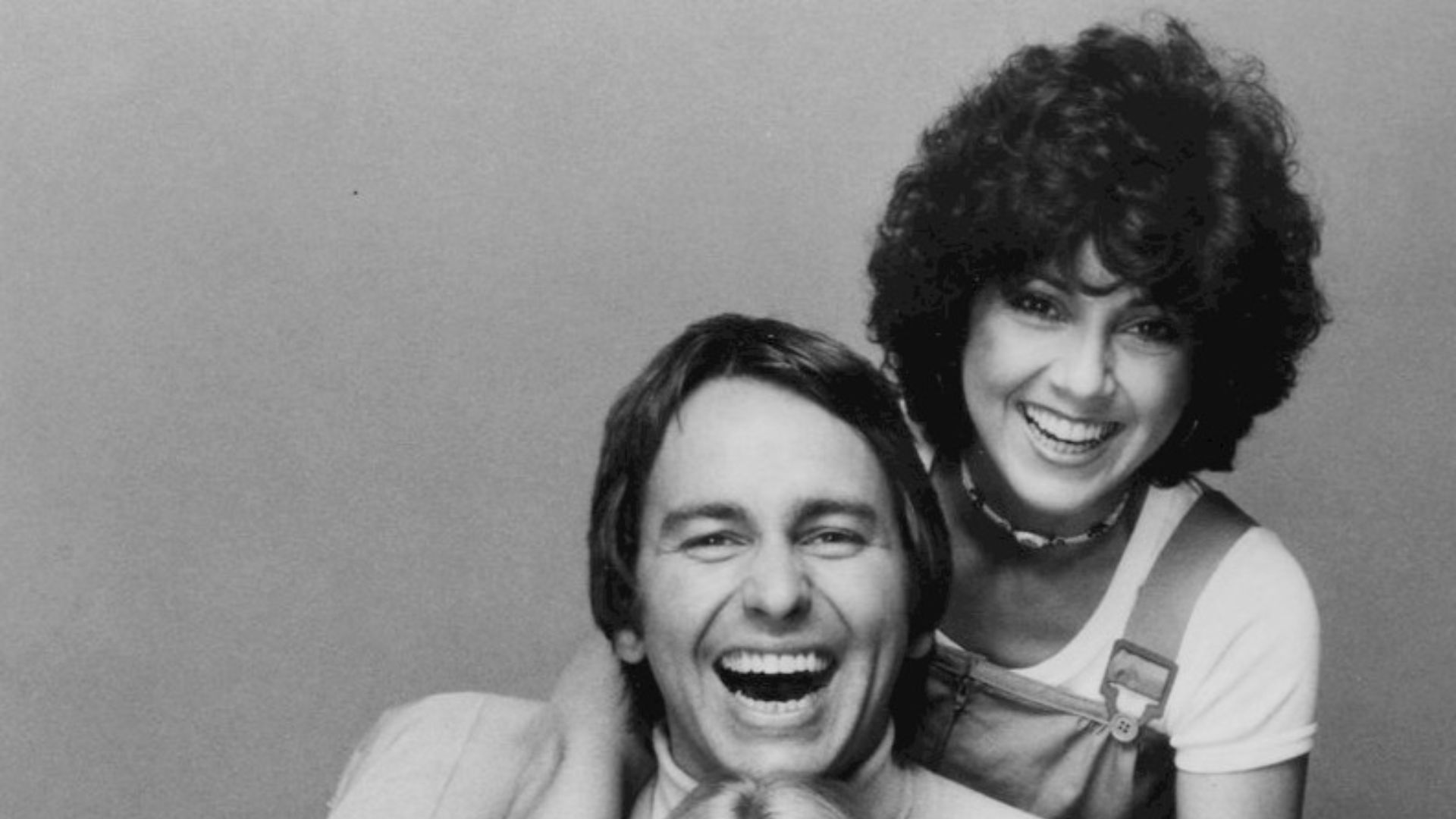 Photo of the roommates from the television program Three's Company.  From top-Joyce DeWitt (Janet), John Ritter (Jack), Suzanne Somers (Chrissy).