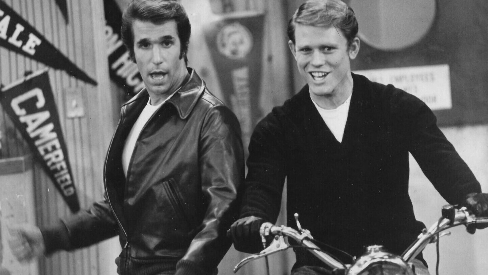 Publicity photo of Fonzie (Henry Winkler) and Richie (Ron Howard) from Happy Days.