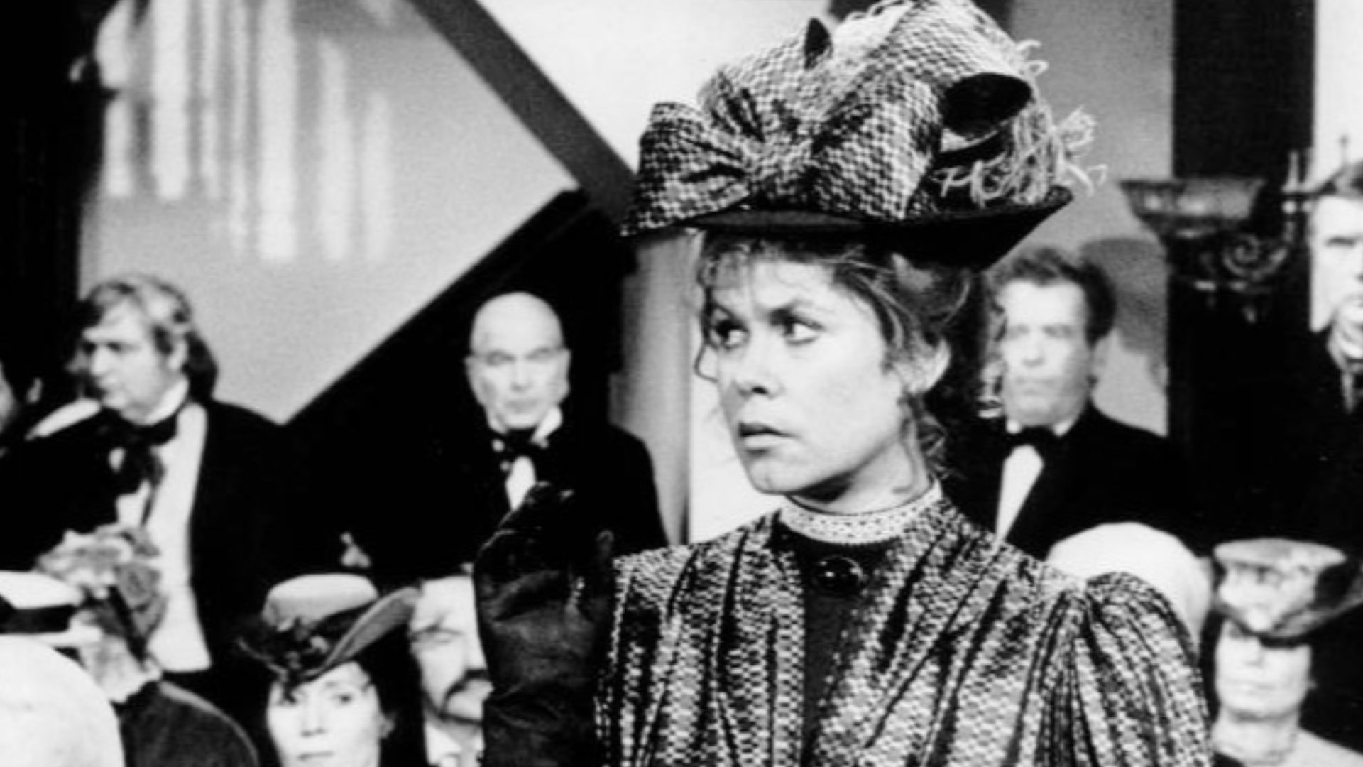Photo from the made for television film The Legend of Lizzie Borden.  Lizzie Borden (Elizabeth Montgomery) is shown in court with her lawyer (Don Porter) to hear the verdict of the court in her murder trial.