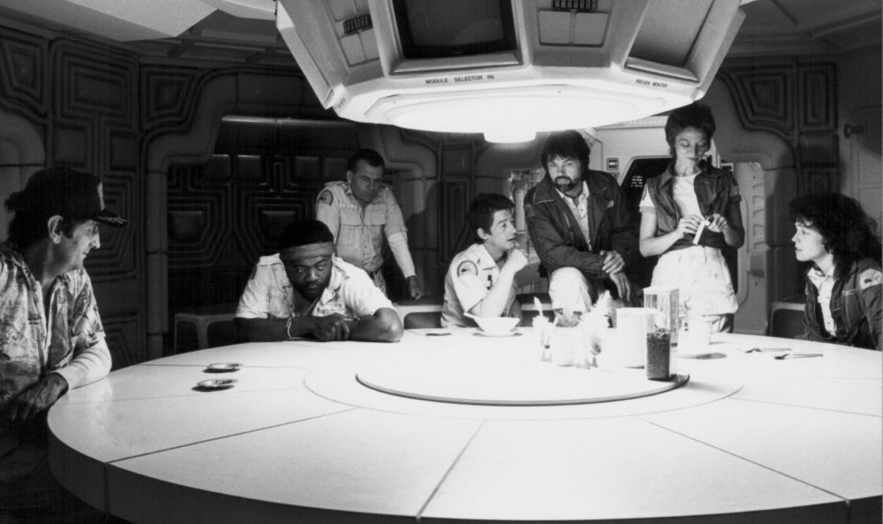 The crew of the Nostromo; actors Harry Dean Stanton, Yaphet Kotto, Ian Holm, John Hurt, Tom Skerrit, Veronica Cartwright and Sigourney Weaver, in the movie 'Alien', 1979.