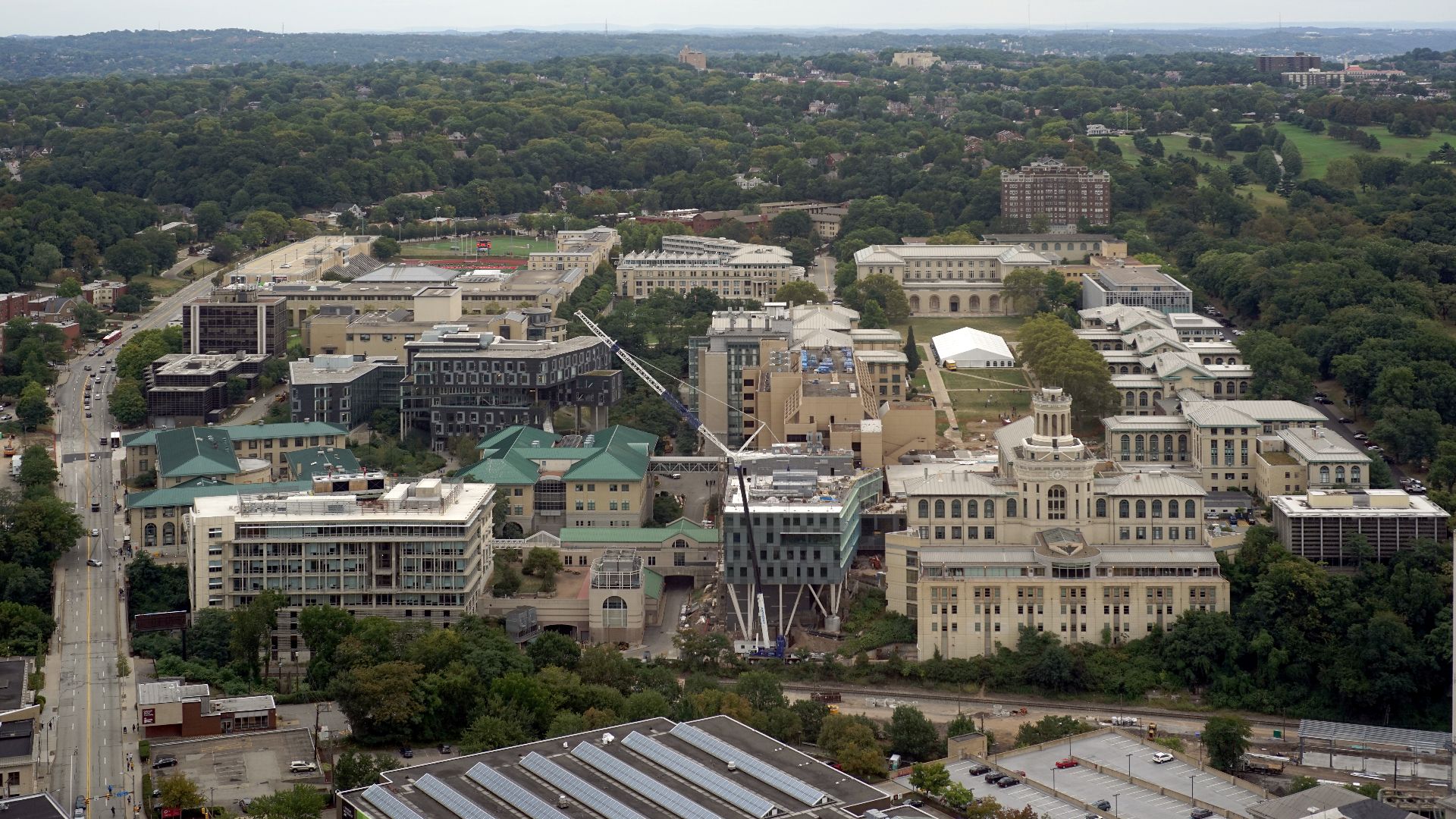 The main campus of Carnegie Mellon University in Pittsburgh as seen from the 36th floor of the Cathedral of Learning.