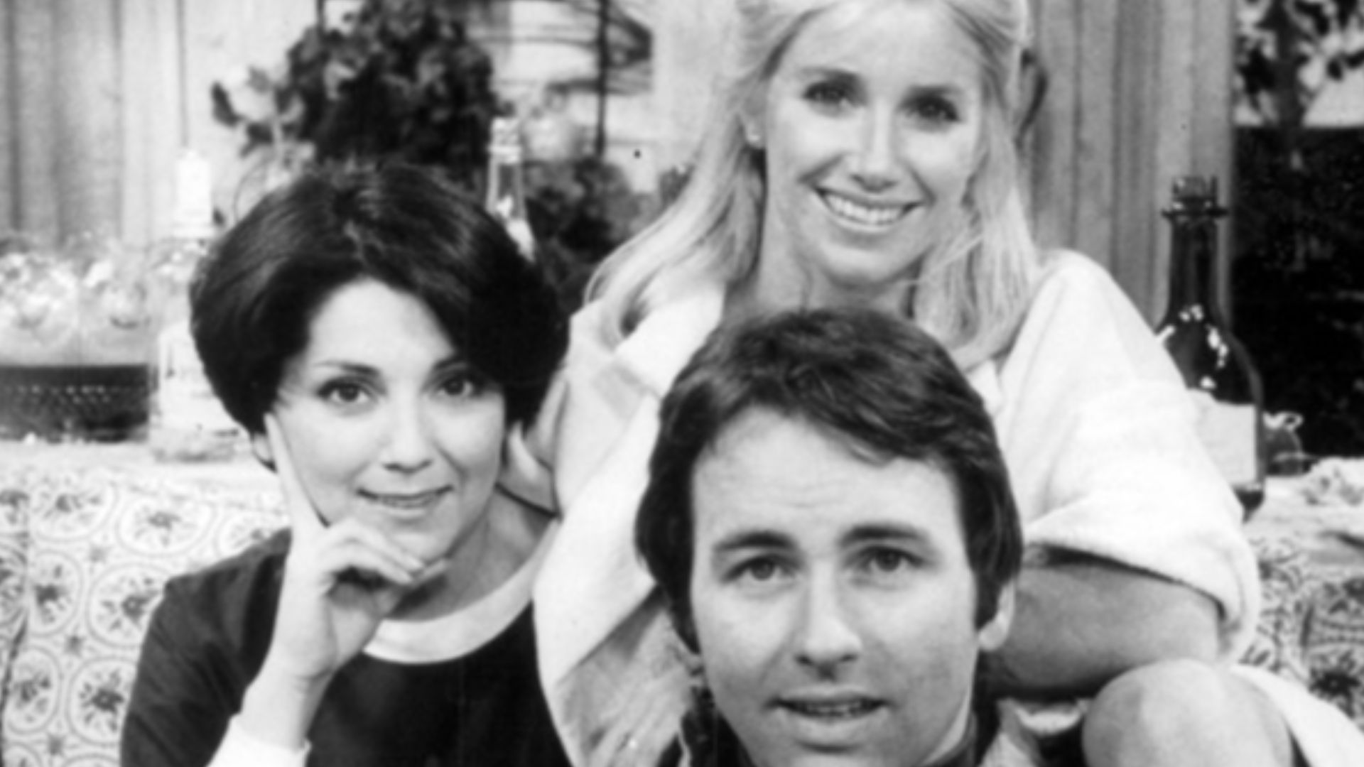 Publicity photo from  Three's Company series premiere. Pictured are Joyce DeWitt, John Ritter and Suzanne Somers.