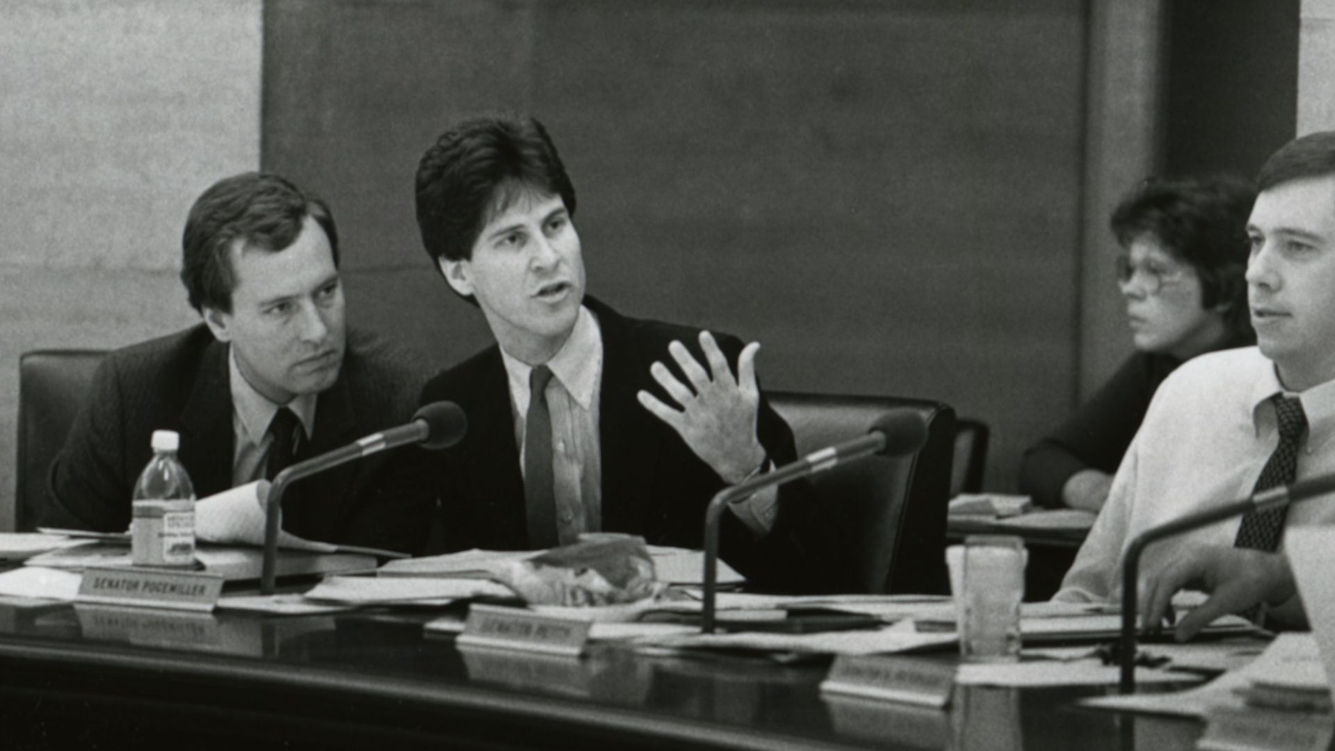 Senator Randy Kamrath, Senator Larry Pogemiller, and Senator Eric Petty in a committee hearing, St. Paul, Minnesota. For biographical information, see the Minnesota Legislative Reference Library database at: Kamrath, Randy P.: http://www.leg.state.mn.us/l
