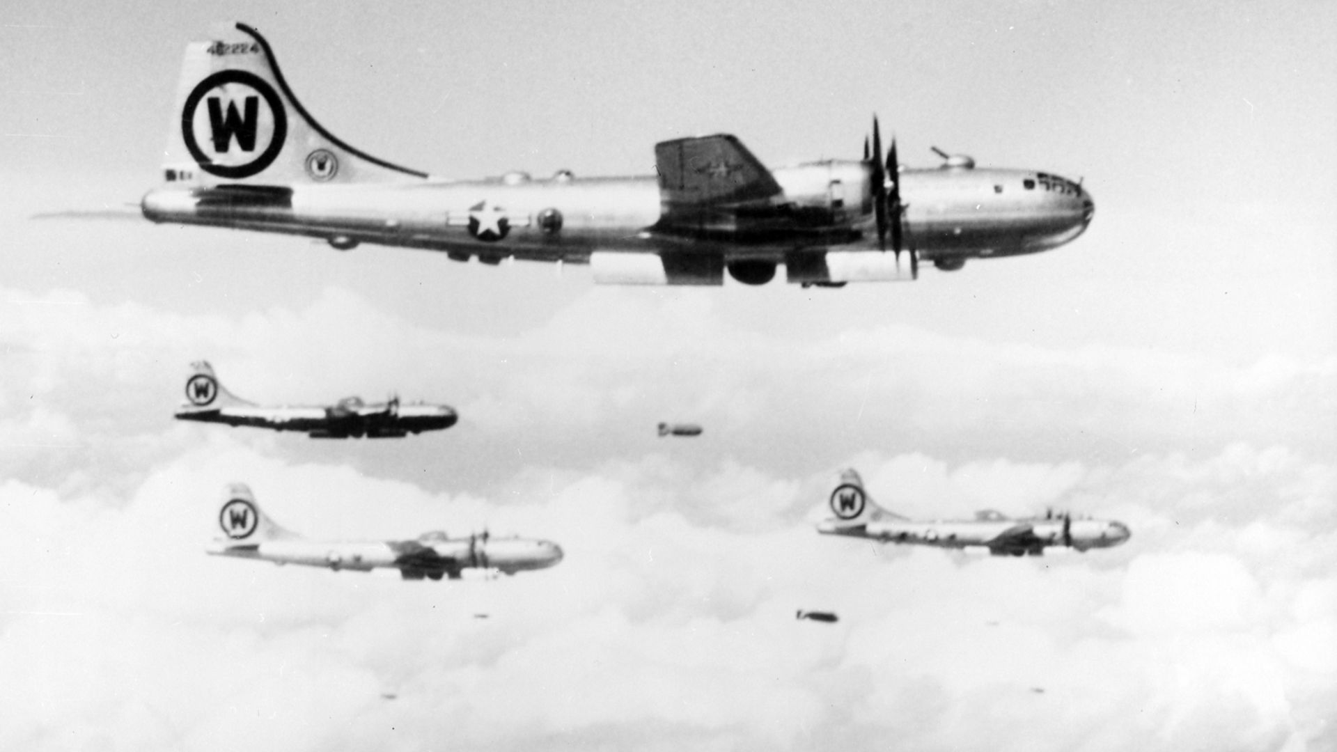 U.S. Air Force Boeing B-29 Stratofortress bombers from the 92nd Bombardement Group bombing a target in Korea, 1950.