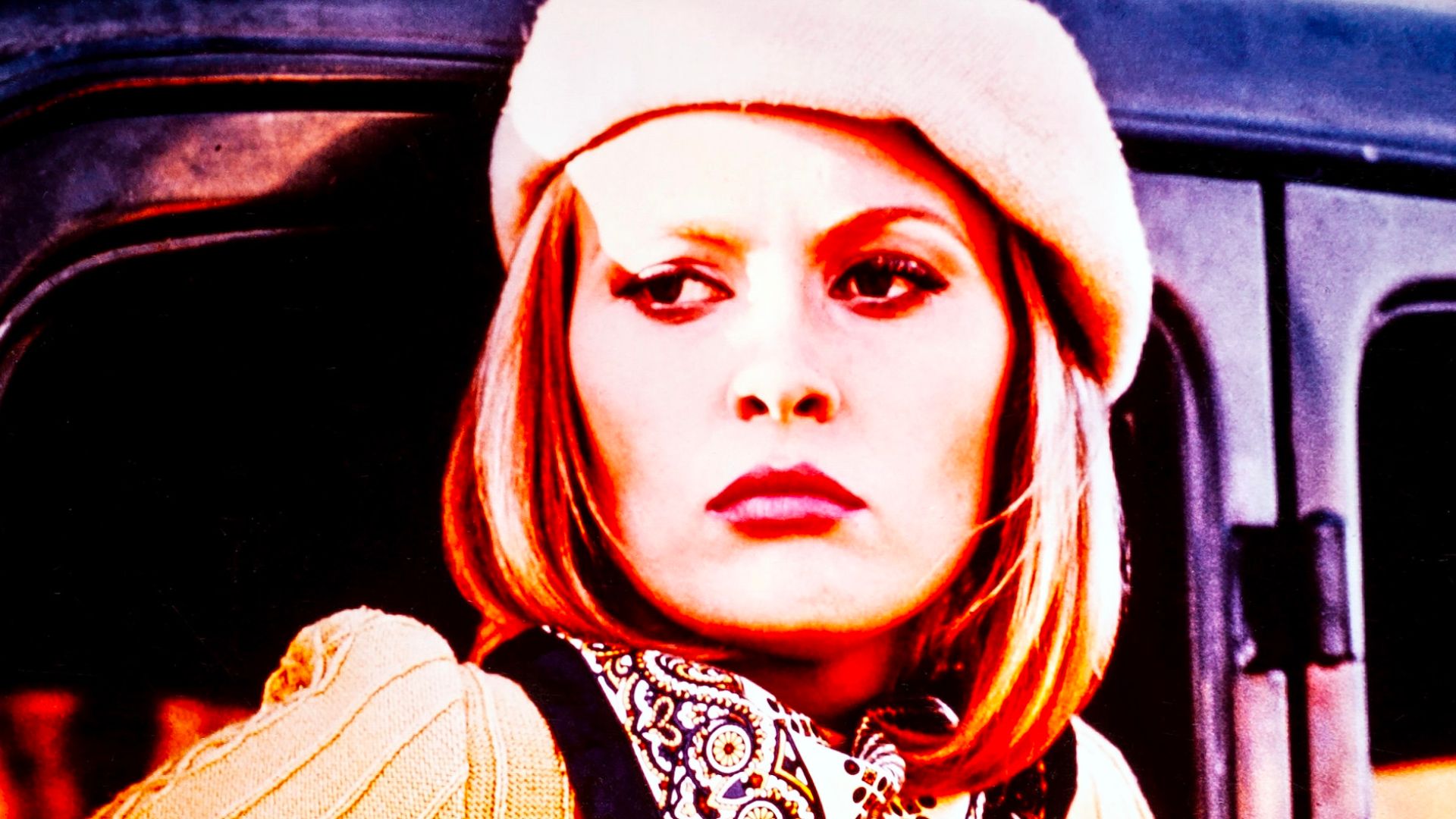 Promo photo of Faye Dunaway as Bonnie Elizabeth Parker in the 1967 film Bonnie and Clyde. Printed as a color reversal film.