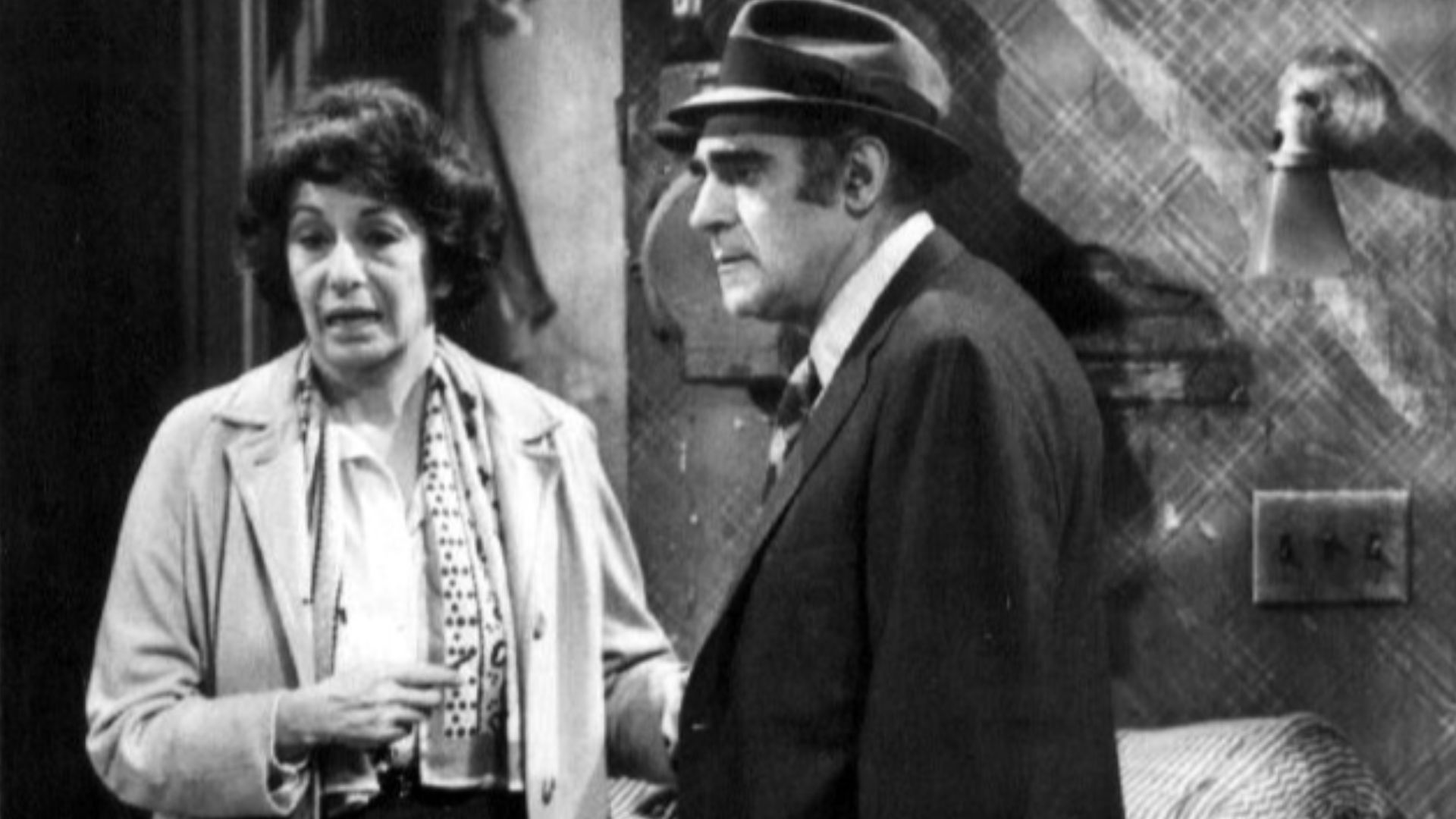 Publicity photo of Abe Vigoda and Florence Stanley as Phil and Bernice Fish from the television program Fish.