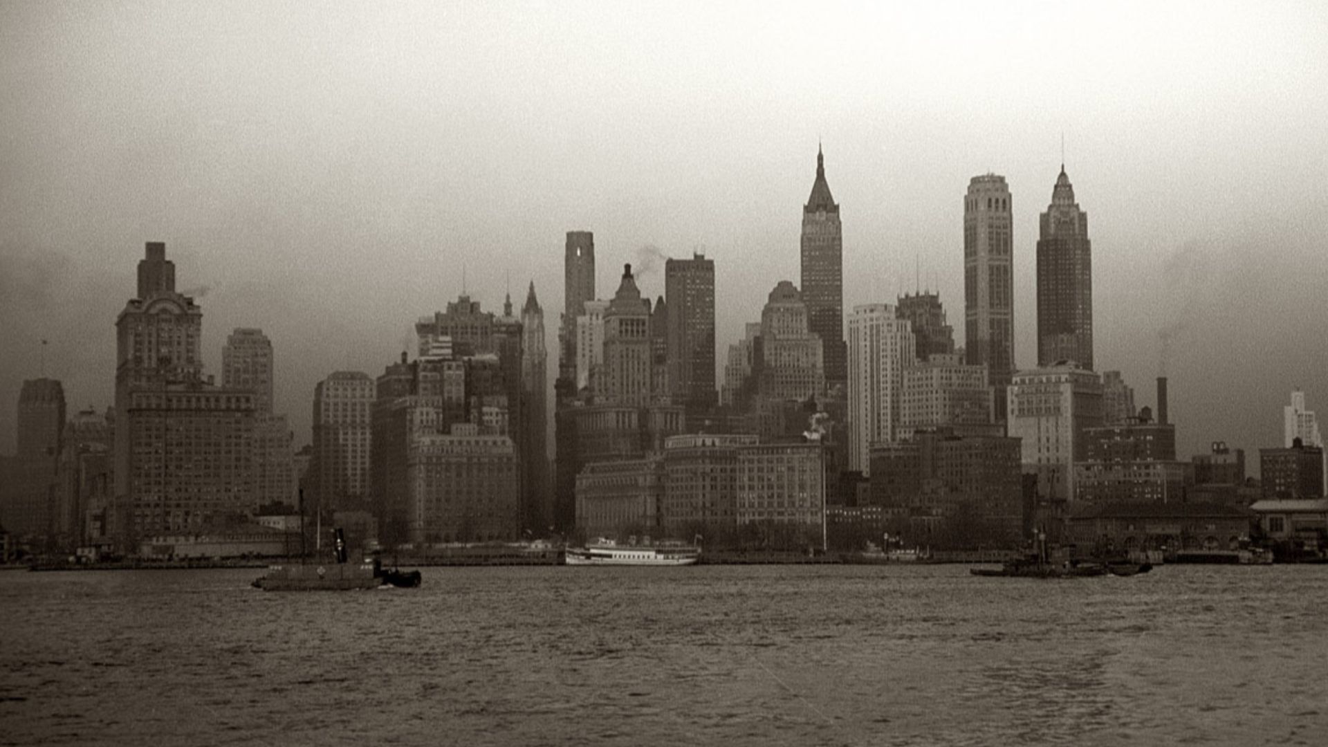 Lower Manhattan seen from the S.S. Coamo leaving New York