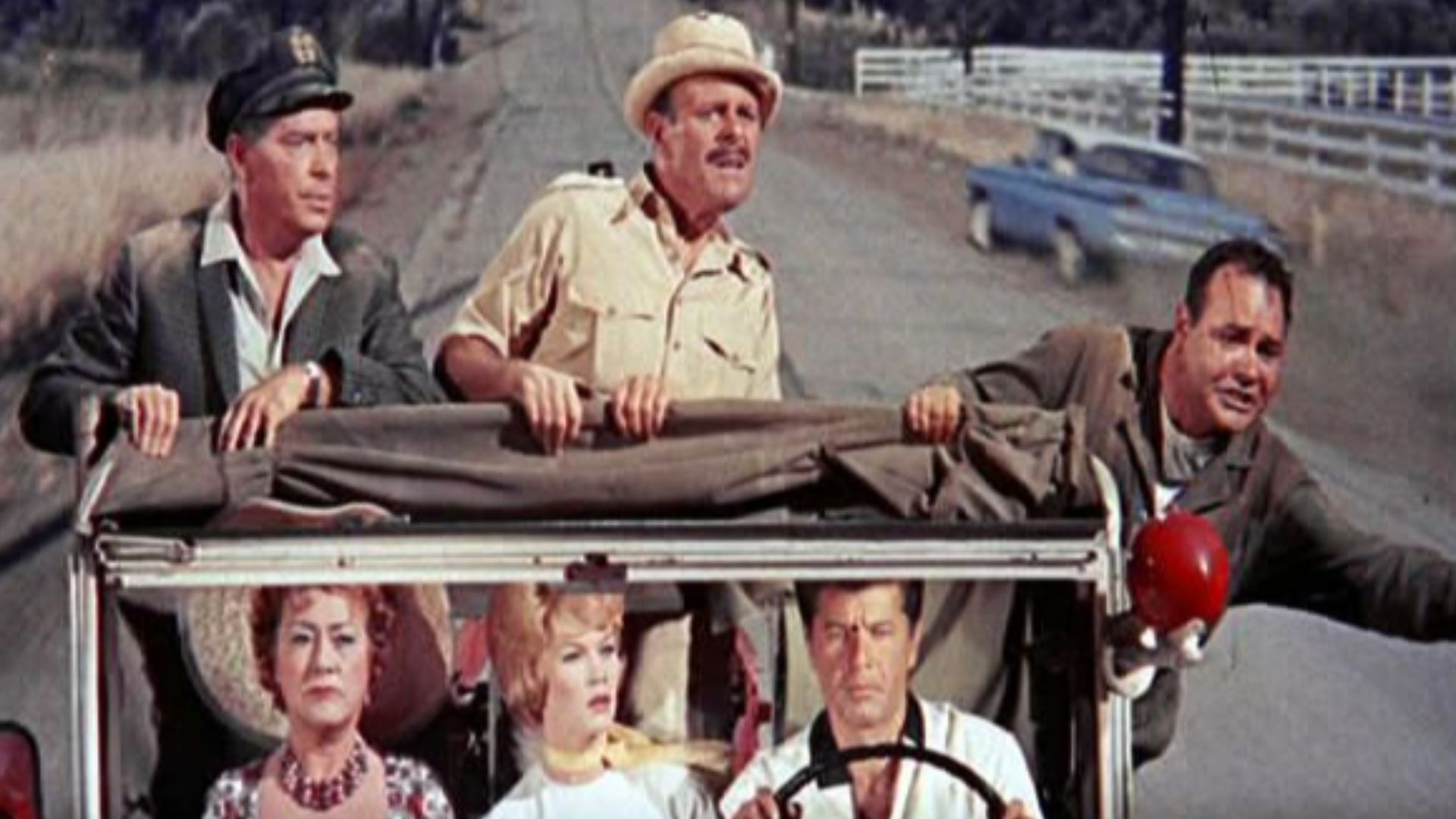 It's a Mad, Mad, Mad, Mad World. Back L-R: Milton Berle, Terry-Thomas, and Jonathan Winters. Front: Ethel Merman, Dorothy Provine, and Dick Shawn