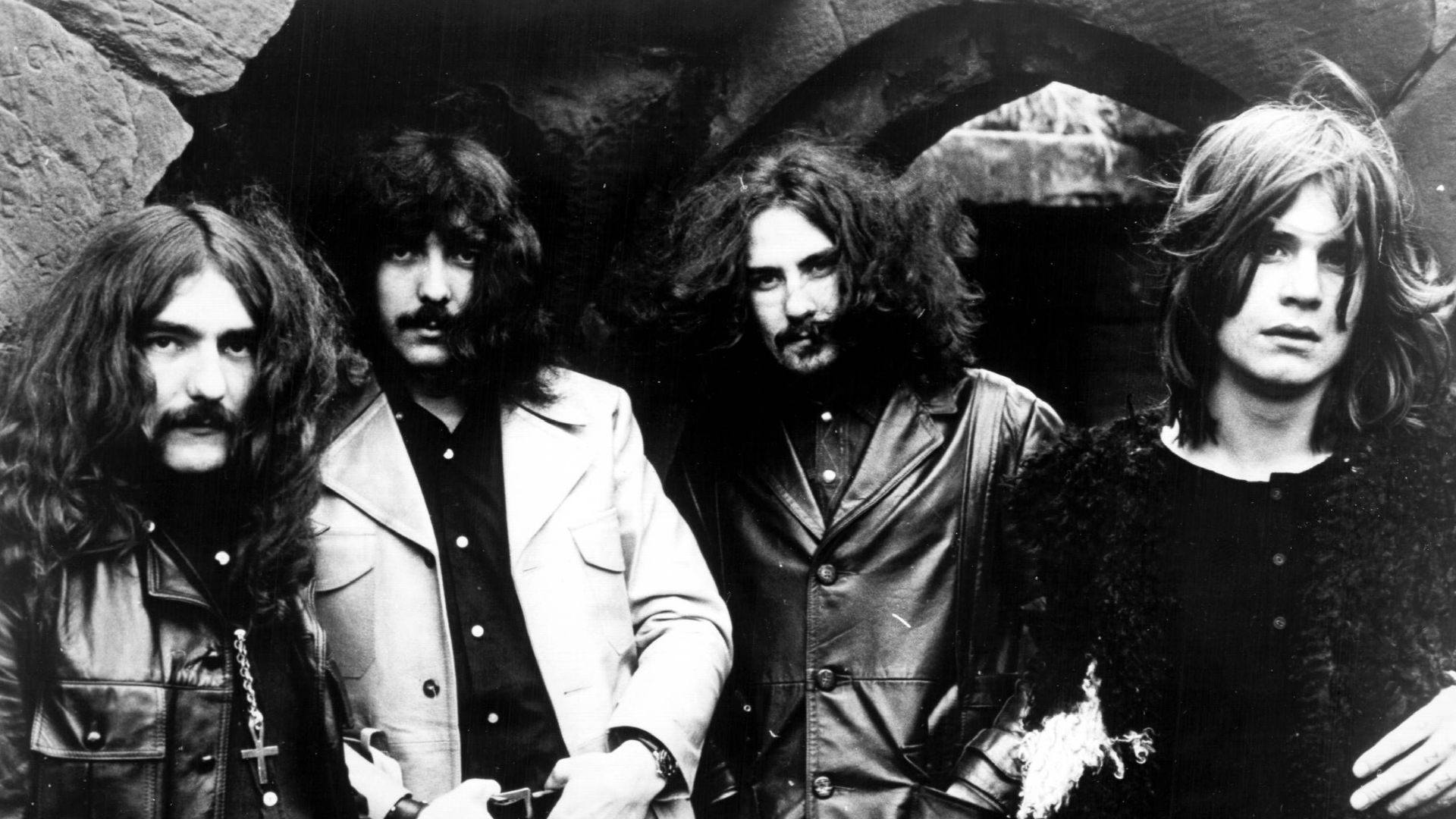 Trade ad for Black Sabbath's album Black Sabbath (1970). From left to right: Geezer Butler, Tony Iommi, Bill Ward, Ozzy Osbourne.