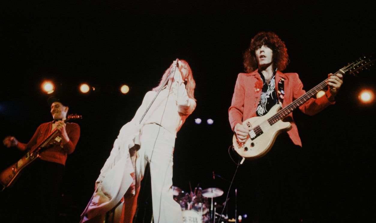 Cheap Trick Rick Nielsen, Robin Zander, Tom Petersson live at Nippon Budokan, Tokyo, April 1978.