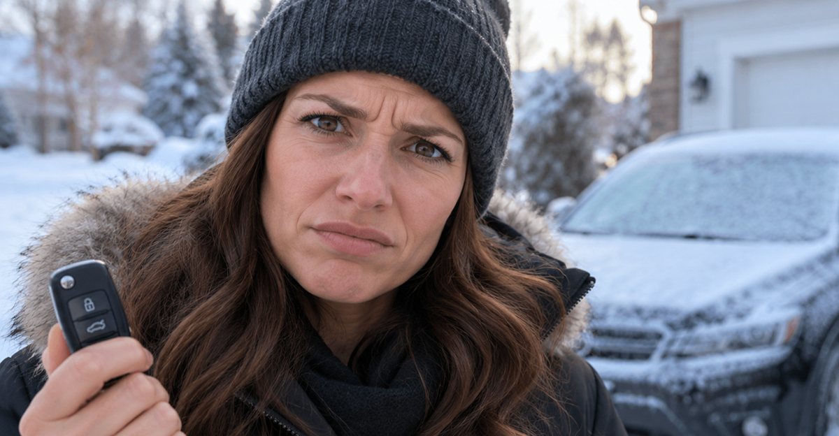 Frustrated woman in a driveway with a car in winter, holding a remote start keyfob