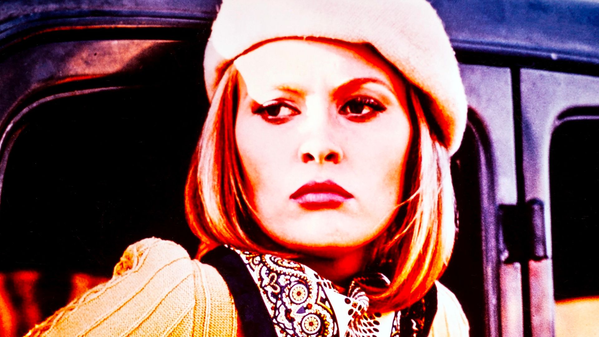 Promo photo of Faye Dunaway as Bonnie Elizabeth Parker in the 1967 film Bonnie and Clyde. Printed as a color reversal film.