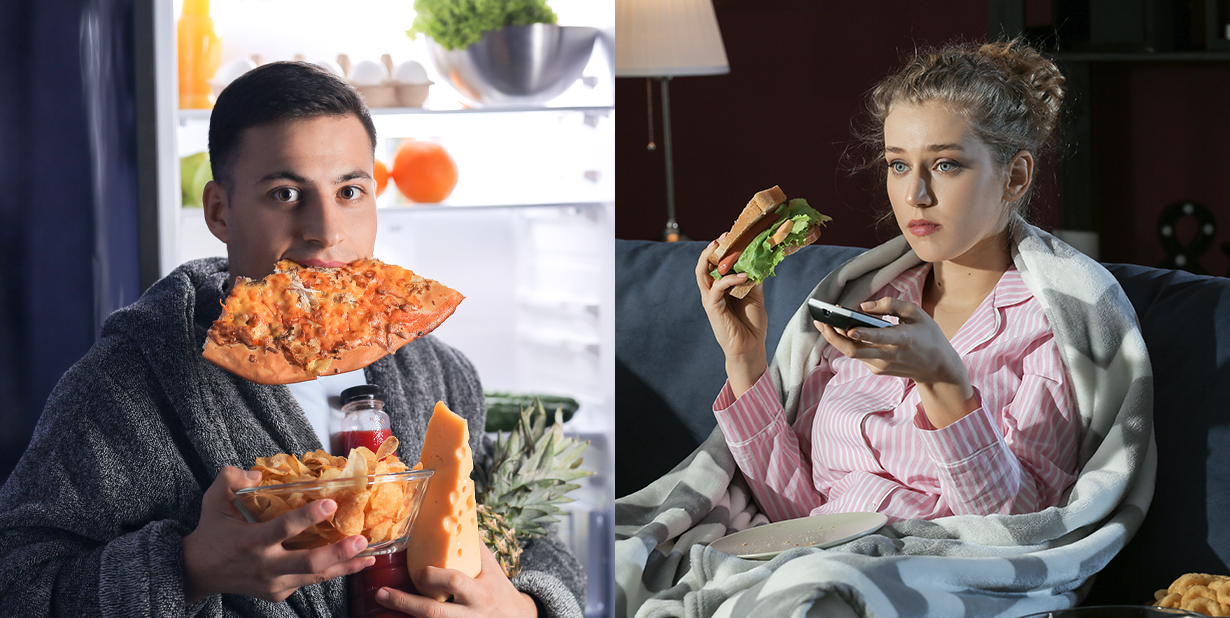 man and woman snacking split image