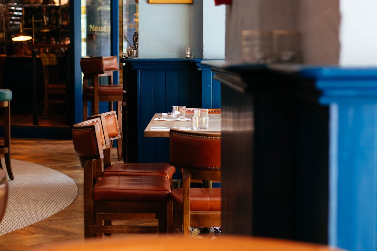 Empty tables at snack bar.