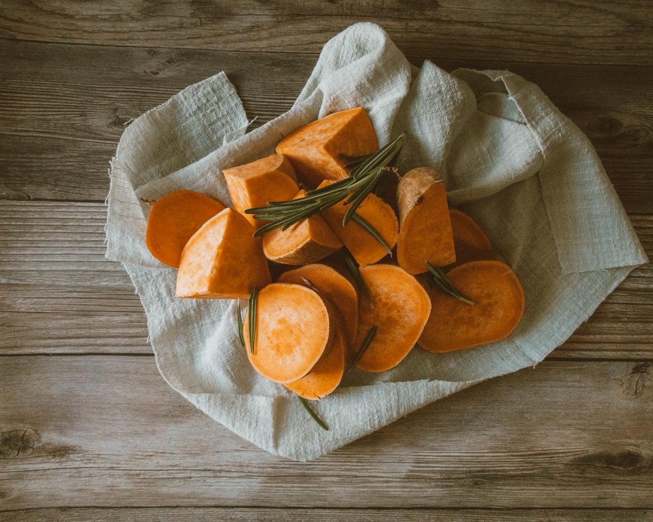 Chopped Sweet Potatoes on a Piece of Cloth