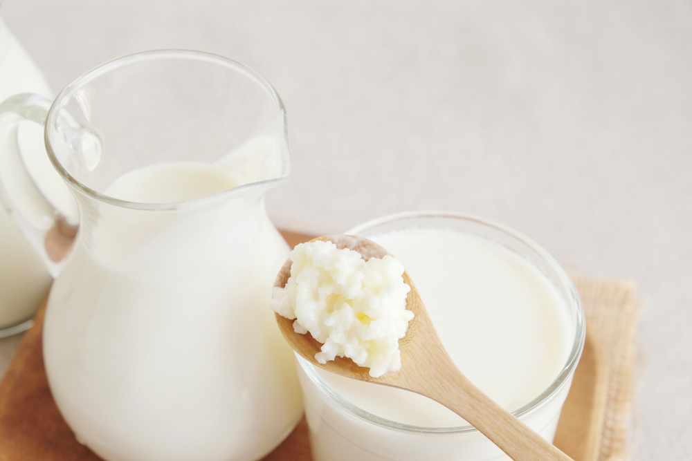 probiotic milk in a bottle and kefir grains in a spoon
