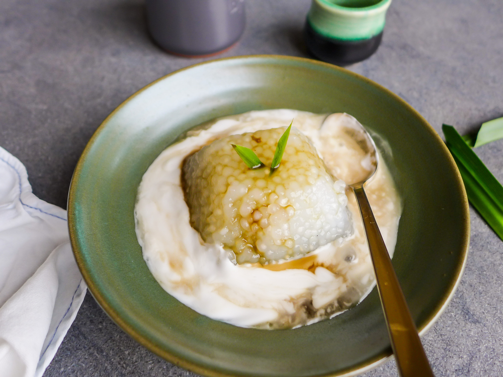 Homemade sweet dessert consisting of refrigerated sago in mold / Sago Pudding