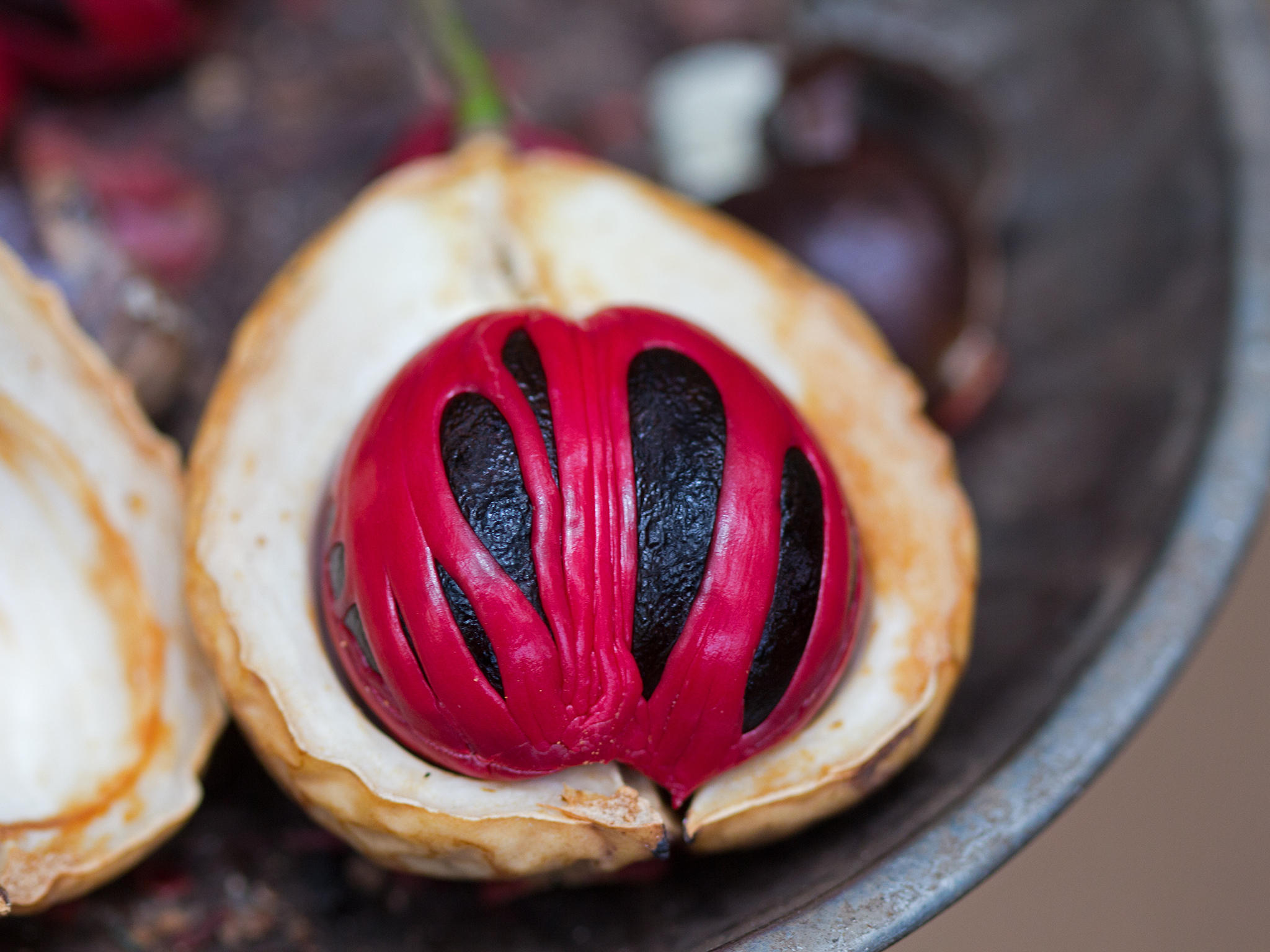 Nutmeg fruit on a plate.