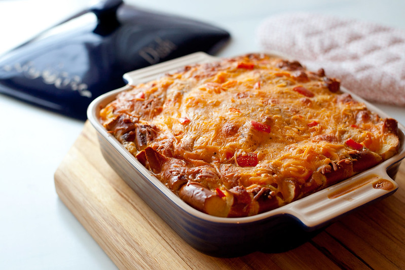 Close-up Photo of Casserole in a Baking Tray placed on a wooden board