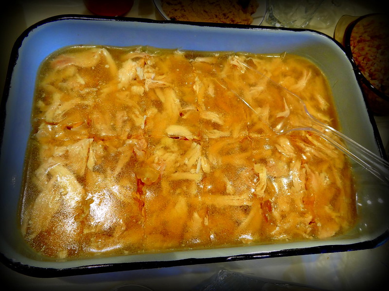 Close-up Photo of baking tray with jelly meat placed on a table