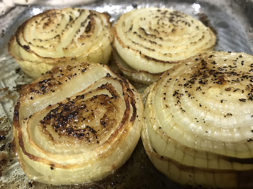 Close-up Photo of onion Onions baked with butter and Kosher salt