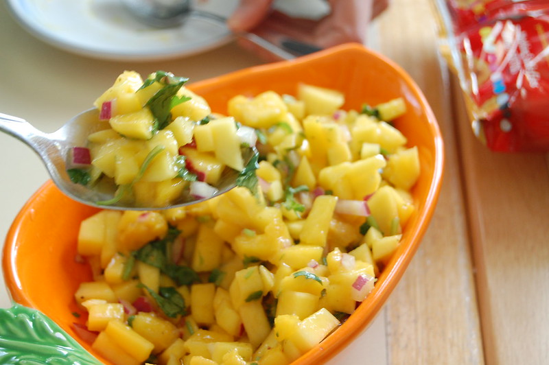 Close-up Photo of Mango Salsa in orange bowl