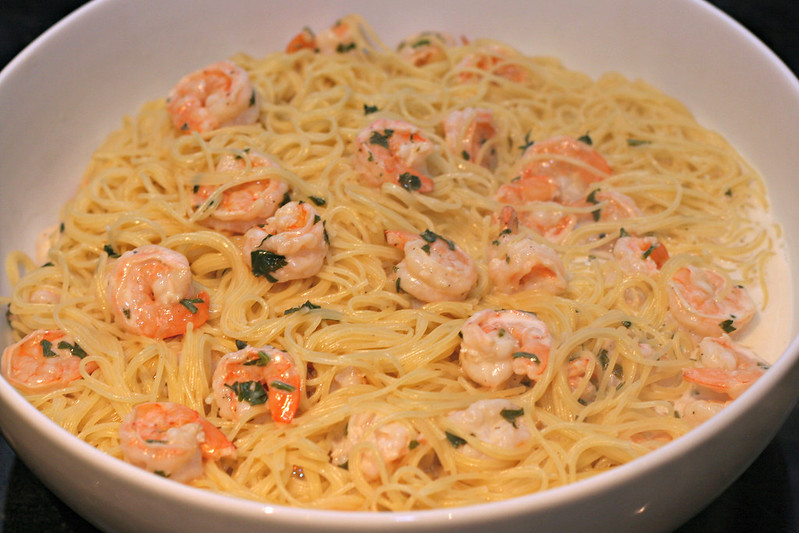 Close-up Photo of Angel Hair Pasta with Shrimp in a white bowl
