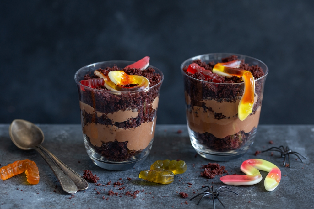Graveyard dirt chocolate cups with gummy worms