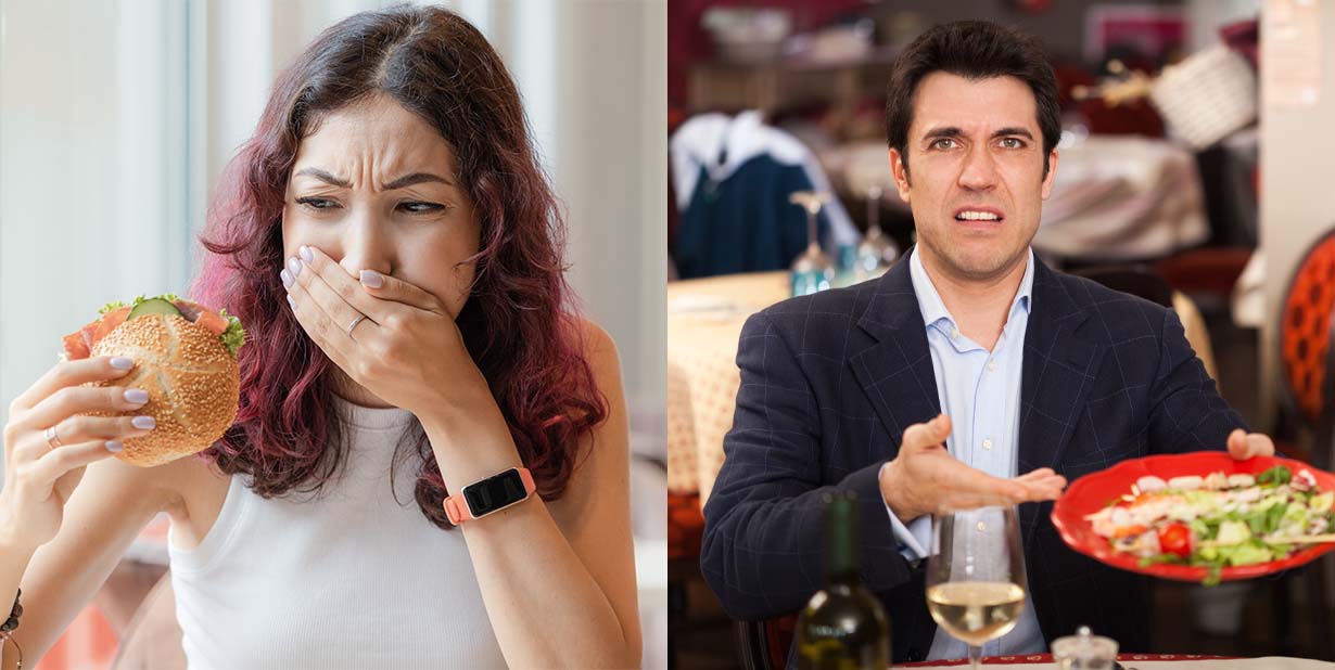 man and woman grossed out by food split image