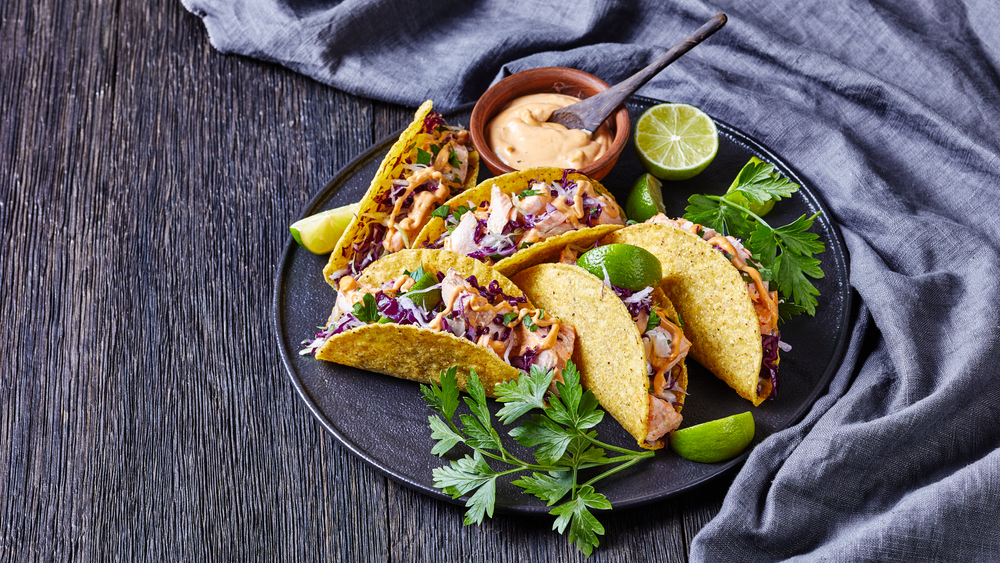 salmon tacos with red cabbage salad