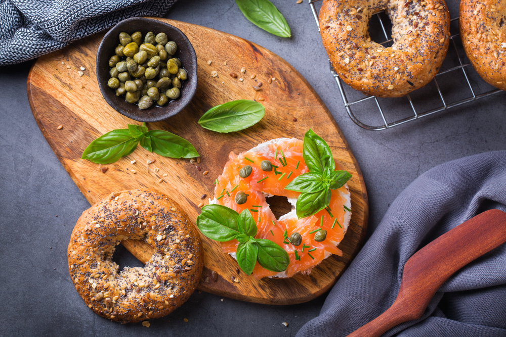 smoked salmon on a sesame bagel