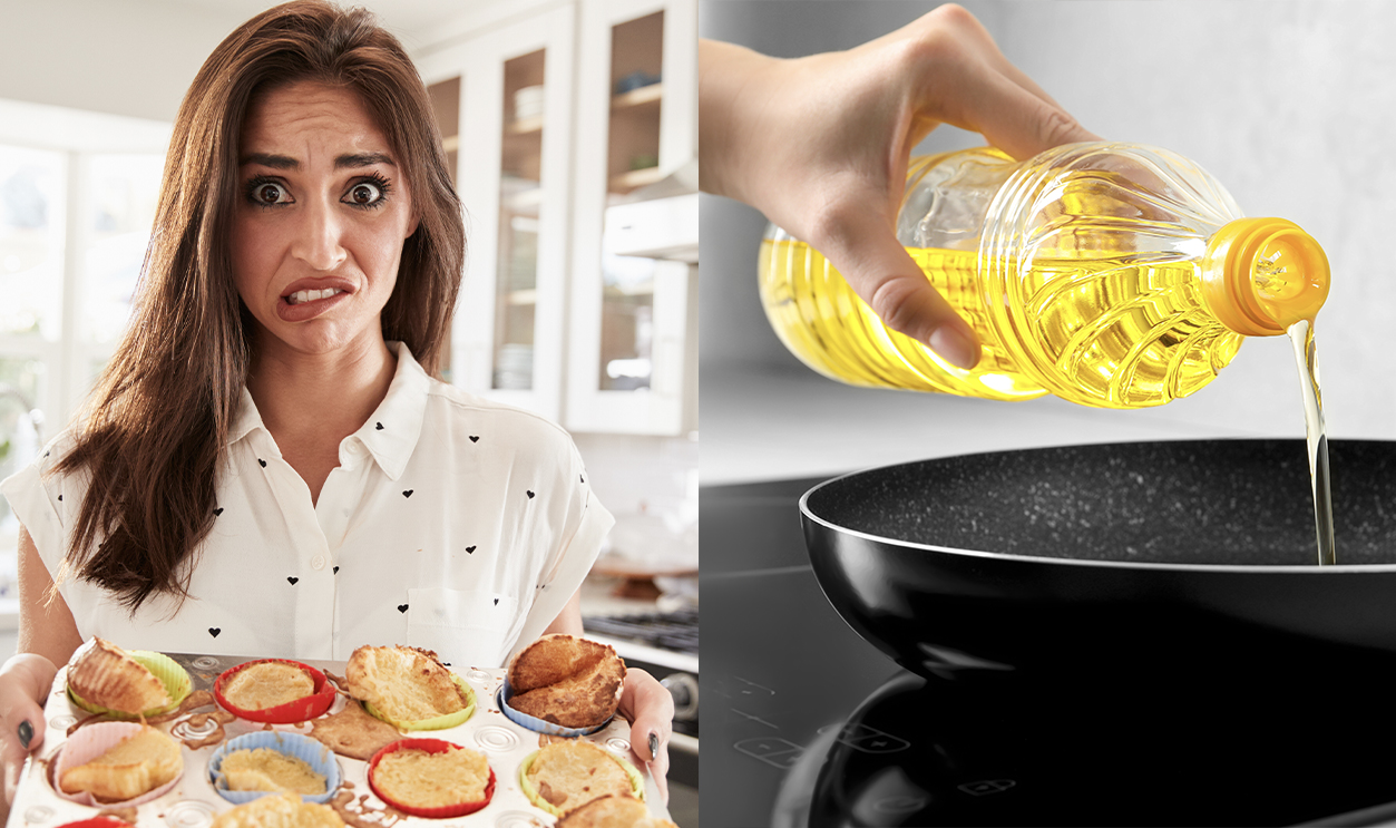 woman in kitchen and oil in pan split